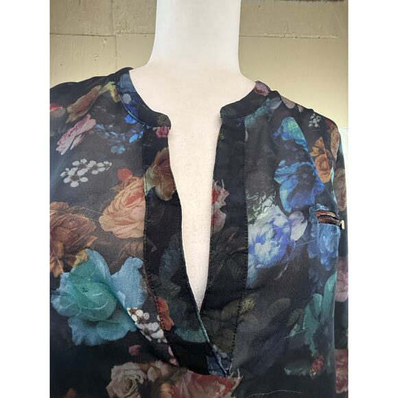Massimo size Large Top Black Floral Sheer long-sleeve women's blouse flaw - Picture 4 of 16
